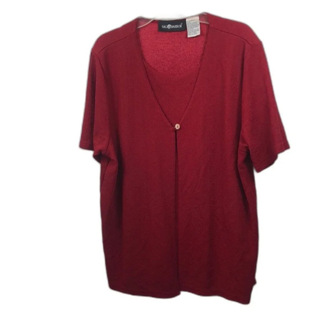 Sag Harbor Cardigan Top Set Women's Medium Red Knit Short‎ Sleeve Button